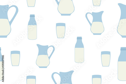  Milk bottle  jug and glass with milk Seamless pattern. Vector illustration