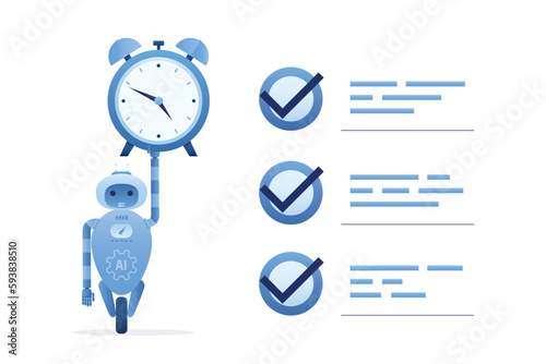 Robot holds alarm, successful completion of all tasks. Automatic system did all the work on schedule. Artificial intelligence has replaced human workers and is successfully doing jobs.