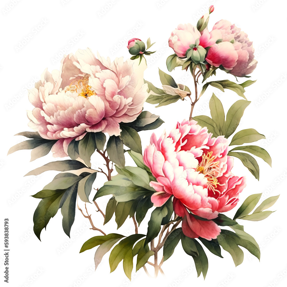Floral decorative watercolor vignette with pink and red peonies flowers.
