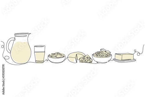 Dairy products in continuous line art drawing style. Cheese, milk, butter and sour cream black linear sketch isolated on white background. Vector illustration