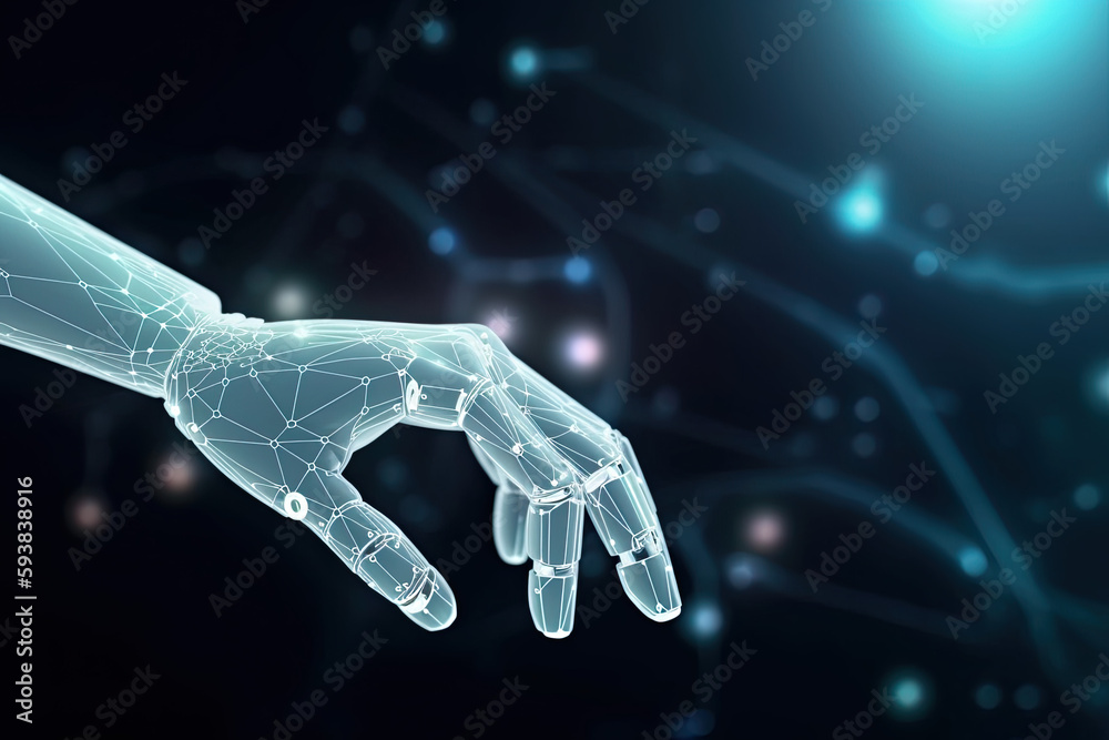 AI, Machine Learning, robot hand and human touch on big data network connection background, science and technology artificial intelligence, innovation and future	
