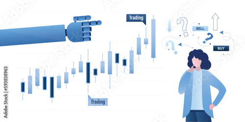 Trading robot help woman trader take online investment profit. AI analyzes financial data, trading chart and makes recommendations.
