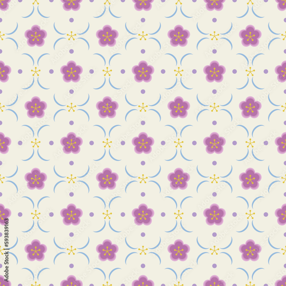 In this seamless pattern, pink flowers are arranged in lovely shapes, beautiful colors, decorated with circle dots and flower pollen on white tone background.