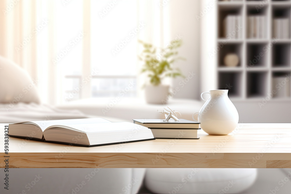 Close - up Modern white table top with free space to edit your product display with books above the living room blurred in the background Close - up Modern white table top with free space to edit your product display with books above the living room blurred in the background