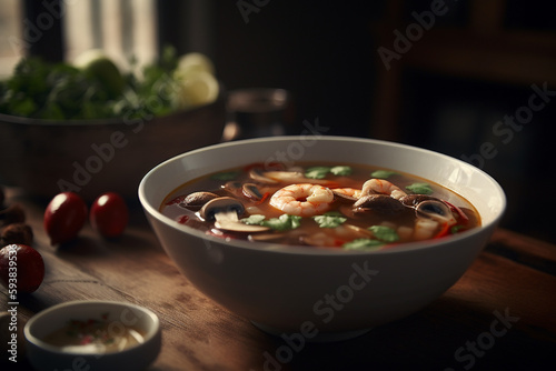 A bowl of tom yum soup with shrimp and mushrooms