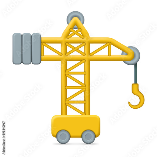 3D construction crane on wheels as a yellow toy icon, industrial construction of buildings and houses, architecture and landscape. Vector graphics of a tall and big crane