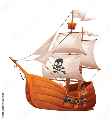 Wooden pirate ship with white sails and skull vector illustration isolated on white background