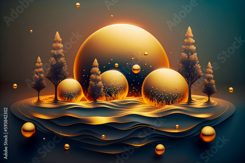 Surreal landscape with abstract golden trees, balls, planet and wave. Cosmic dreamy surreal fantasy landscape in monochrome golden colors. rendy Christmas background. Generation ai photo