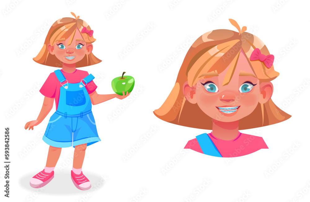 Happy girl head portrait. Cute smiling blond child and braces on teeth. Adorable kid student, schoolgirl. Cartoon vector illustration isolated on white background Happy girl head portrait. Cute smiling blond child and braces on teeth. Adorable kid student, schoolgirl. Cartoon vector illustration isolated on white background