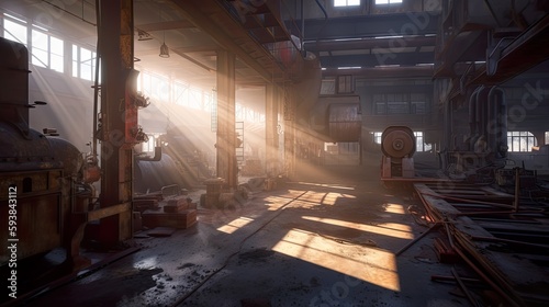 Abandoned, forgotten foundry, old damaged machinery, daylight. AI generative industrial interior. © Friedbert