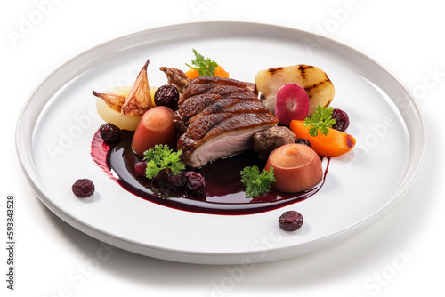 A plate of seared duck with a cherry port reduction