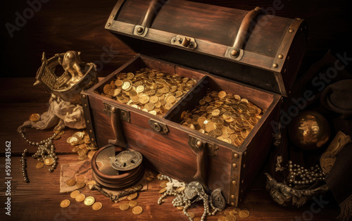 vintage box with pirate treasures, jewelry, generative ai