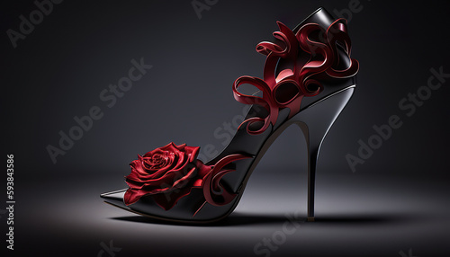 Black tango shoes, high heel stilettos on a black background decorated with rose flower. AI generative. photo
