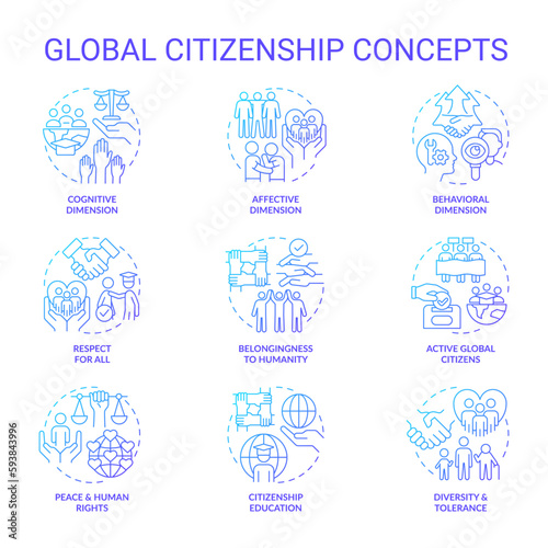 Global citizenship blue gradient blue gradient concept icons set. Sustainable development idea thin line color illustrations. Isolated symbols. Roboto-Medium, Myriad Pro-Bold fonts used