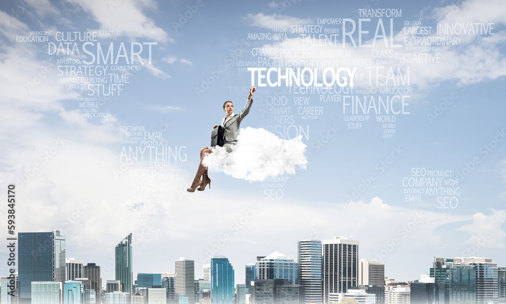 Elegant lady boss or accountant float on cloud and pointing with finger Elegant lady boss or accountant float on cloud and pointing with finger
