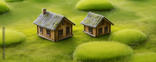 a couple of small houses sitting on top of a lush green field