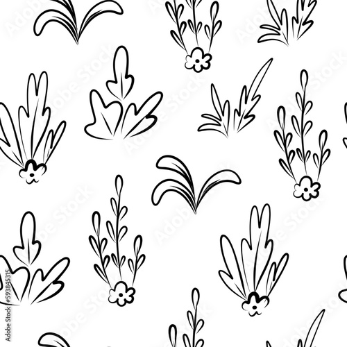 Seamless background with branch and leaves in outline doodle style