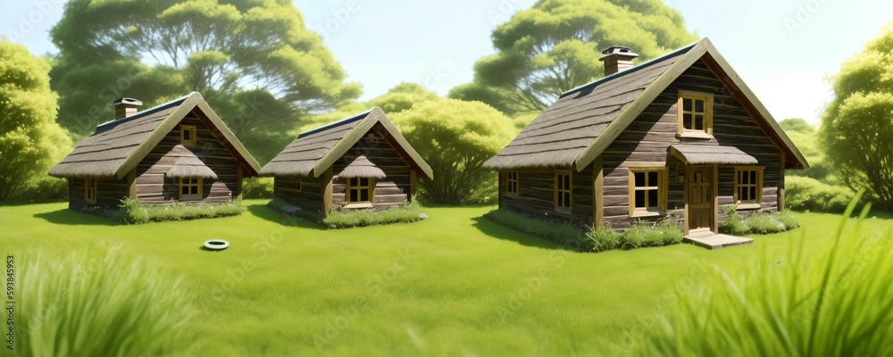 a couple of small wooden houses sitting on top of a lush green field