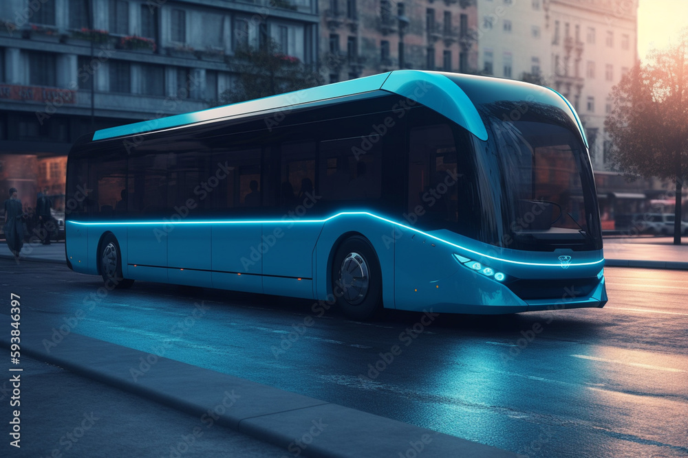 3D rendering of a modern electric bus in the city at night