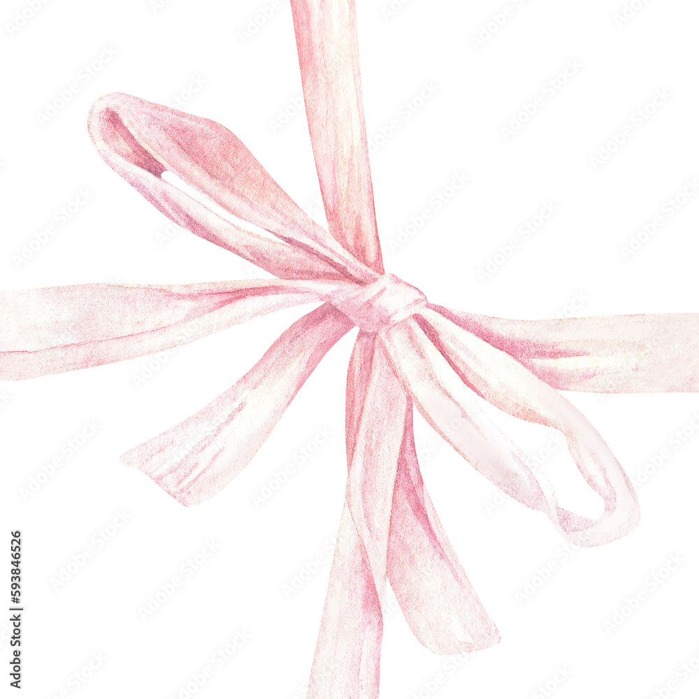 Watercolor illustration. Pink bow. Isolated on a white background. Square gift box with knotted paper ribbon. For the design of stickers, greeting cards, stationery, gift certificates, bags, packages Watercolor illustration. Pink bow. Isolated on a white background. Square gift box with knotted paper ribbon. For the design of stickers, greeting cards, stationery, gift certificates, bags, packages