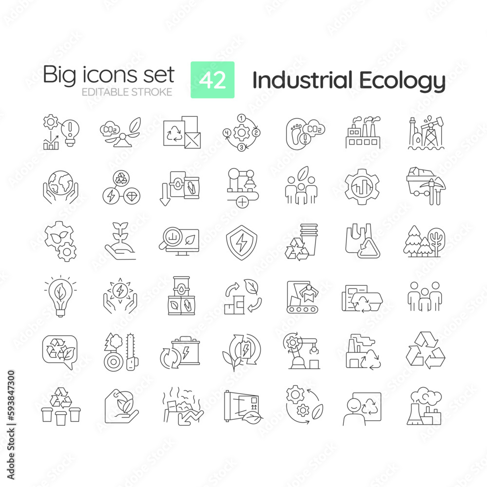Industrial ecology linear icons set. Sustainable development. Environment protection. Circular economy. Customizable thin line symbols. Isolated vector outline illustrations. Editable stroke