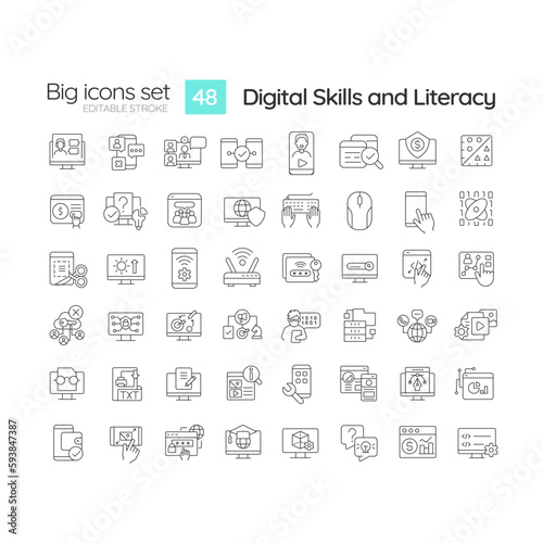 Digital skills and literacy linear icons set. Computer programming. Cyber citizenship. Online safety. Customizable thin line symbols. Isolated vector outline illustrations. Editable stroke