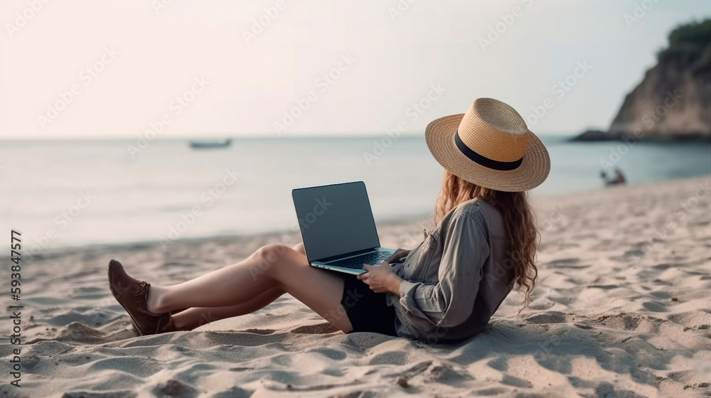 Young freelancer woman using a laptop computer on the beach