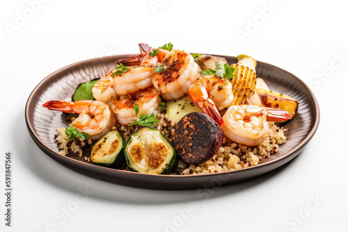 A platter of grilled shrimp and scallops with quinoa