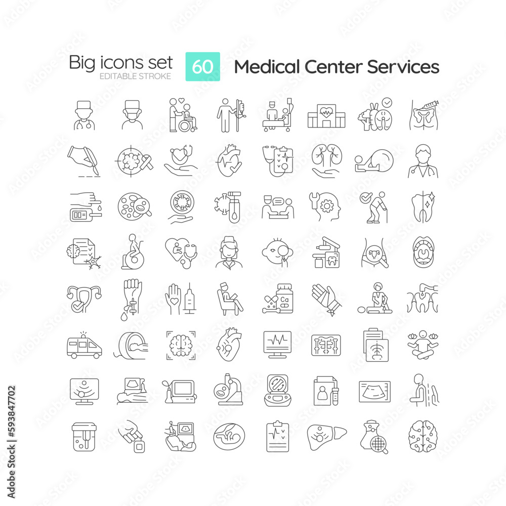 Medical center services linear icons set. Primary healthcare. Urgent care. Hospital consultancy. Customizable thin line symbols. Isolated vector outline illustrations. Editable stroke Medical center services linear icons set. Primary healthcare. Urgent care. Hospital consultancy. Customizable thin line symbols. Isolated vector outline illustrations. Editable stroke