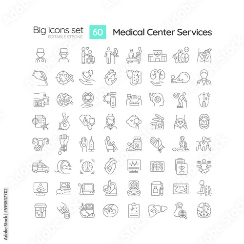 Medical center services linear icons set. Primary healthcare. Urgent care. Hospital consultancy. Customizable thin line symbols. Isolated vector outline illustrations. Editable stroke