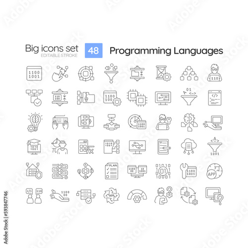 Programming languages linear icons set. Software development. Machine learning. Artificial intelligence. Customizable thin line symbols. Isolated vector outline illustrations. Editable stroke