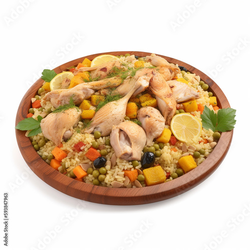 A platter of Moroccan couscous with chicken and vegetable