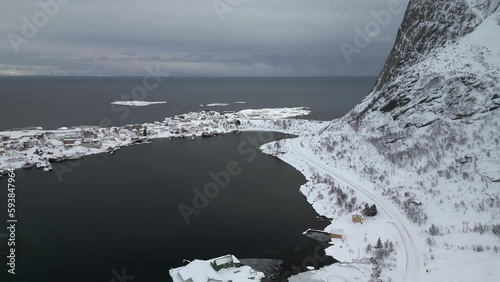 Winter In Picturesque Fishing Village Of Reine In Norway's Lofoten Islands Near Gravdalsbukta Bay. aerial photo
