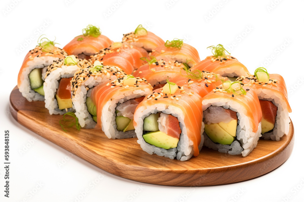 A platter of sushi rolls with fresh salmon avocado A platter of sushi rolls with fresh salmon avocado