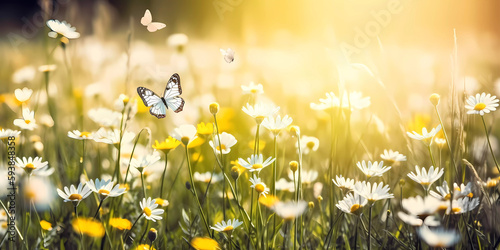 Fototapeta Naklejka Na Ścianę i Meble -  meadow with flowers and butterflies