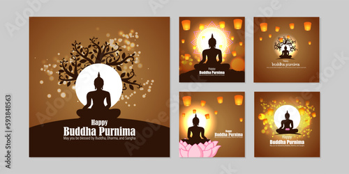 Vector illustration of Happy Buddha Purnima social media story feed set mockup template