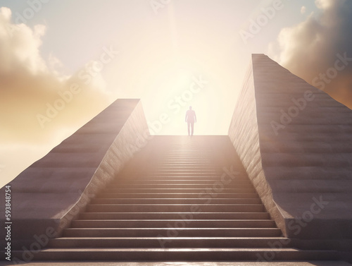 Businessman Climbs Stairs to Success Under Bright Sun with Ambitious