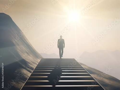 Businessman Climbs Stairs to Success Under Bright Sun with Determination