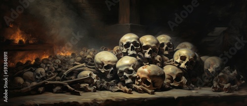 Pile of crushed human skulls and bones in a dark room, macabre dungeon basement of horror and terrifying death, scary and disturbing scene - Generative AI