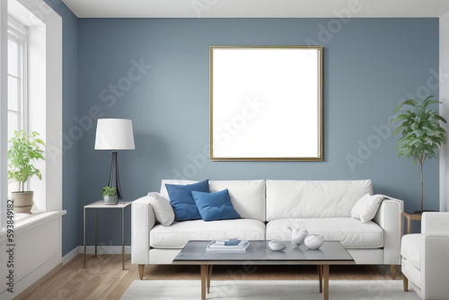 a white mockup framed poster hangs on the wall with a photo on the wall. © vytautas