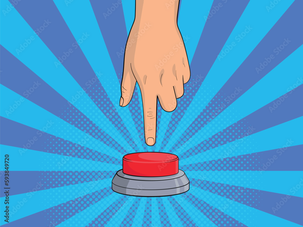 Hand and a big red button in a comic style. Vector illustration