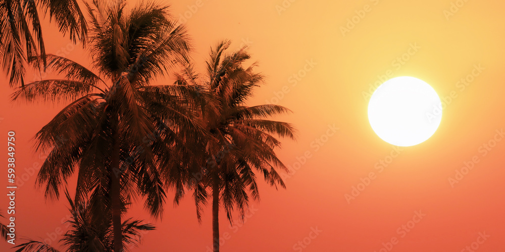 Silhouette artistic effect image of many palm trees on summer evening twilight sky and full circle sun for travel presentation and report background.