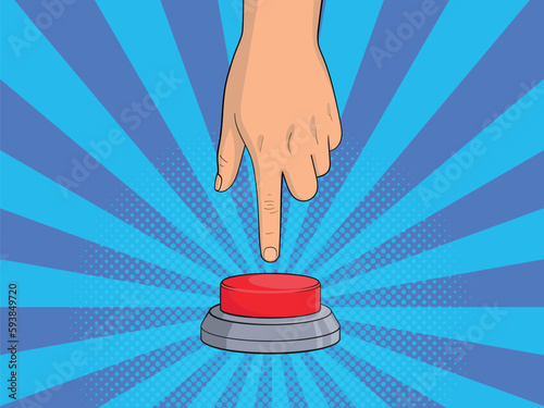 Hand and a big red button in a comic style. Vector illustration