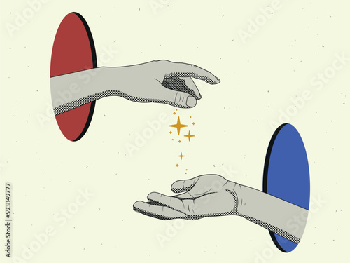 Hands and stars in modern collage style. Vector illustration