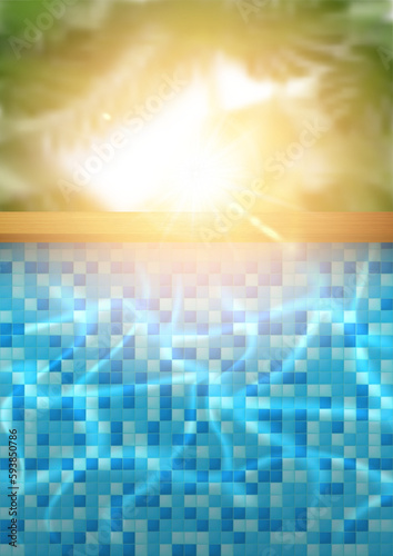 Pool party vertical poster with tropical leaf and blue mosaic tile pool water. Summer vacation design template. Jungle palm resort background vector design. Summer sun light effect
