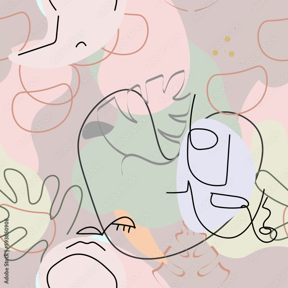 One line drawing. Abstract face seamless pattern. One line drawing. Abstract face seamless pattern.