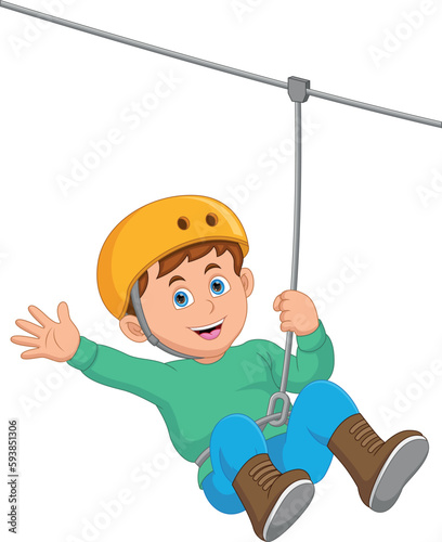 Happy boy playing zipline