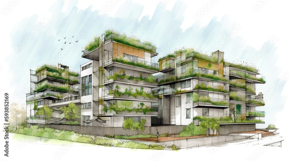 Sketch of a sustainable residential complex with green roofs, vertical gardens, and rainwater harvesting - Generative AI