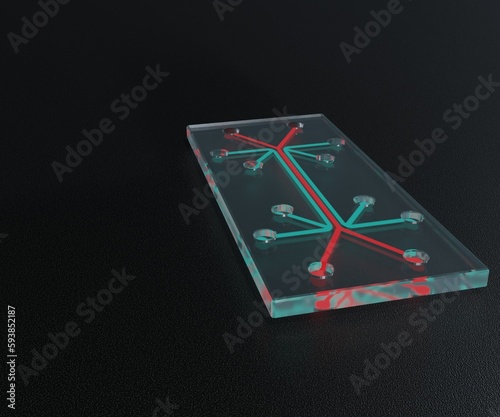 Isolated microfluidic chip is a set of micro-channels etched or molded into a glass material 3d rendered photo