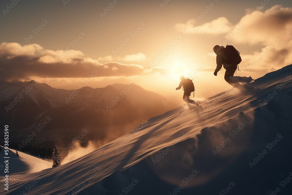Snowboarders in a jump on a high mountain competition, two Freerider snowboarder running downhill in beautiful landscape, sunset, AI Generative.